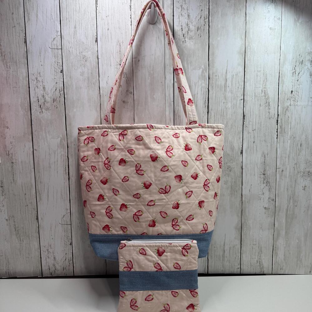 Quilted Strawberry Tote Bag Denim Accent : Matching Zipper Pouch Included